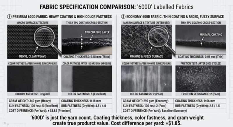 Two fabrics both labelled 600D showing different coating thickness, GSM and colourfastness after testing